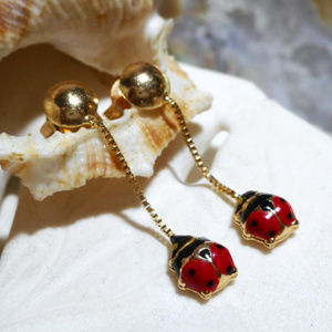 18k Red and Black Enamel Ladybug Dangle Earrings